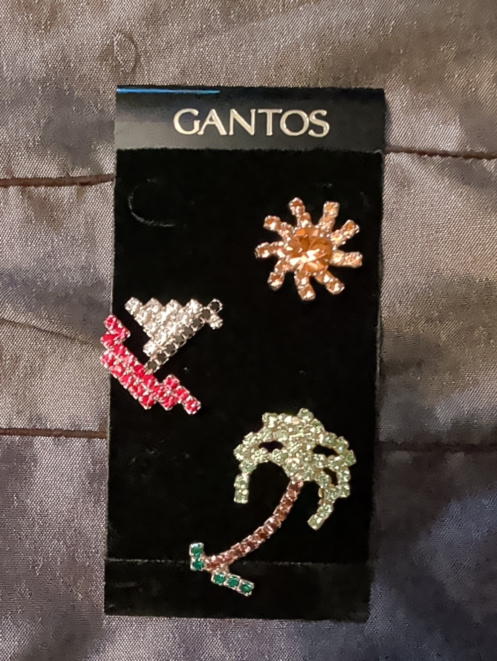 Gantos Multicolor Rhinestone Pin Trio - Palm Tree, Sun & Geometric